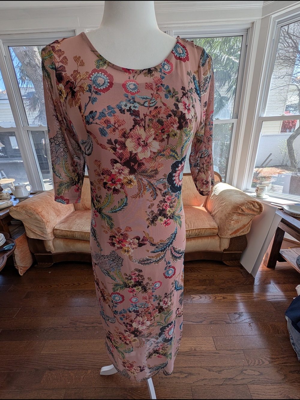 Floral Print Sheer Pink Midi Dress Size L